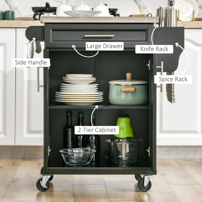 HOMCOM Wooden Kitchen Island on Wheels, Serving Cart Storage Trolley with Stainless Steel Top, Drawer, Side Handle and Rack, Black 
