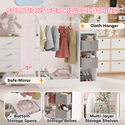 AIYAPLAY Kids Clothes Rail with Storage Shelf, Boxes, Mirror for Bedroom, Nursery, White 
