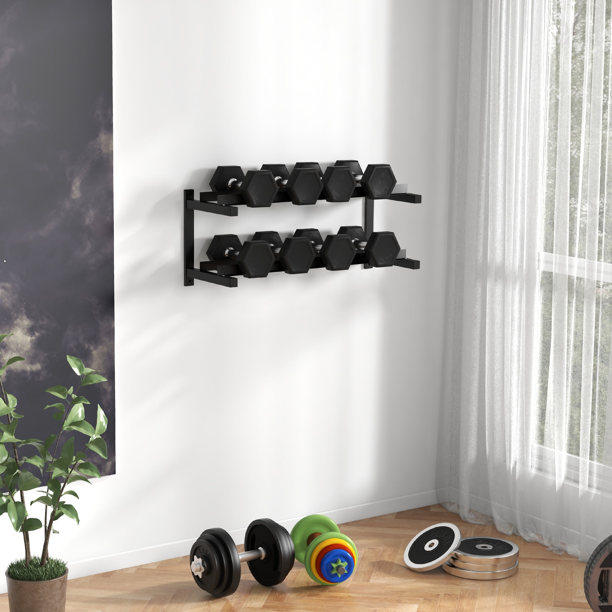 SPORTNOW Wall-Mounted Dumbbell Rack, 2-Tier Weight Stand, Space-Saving and Multi-Functional Steel organiser for Home Gym, Black 