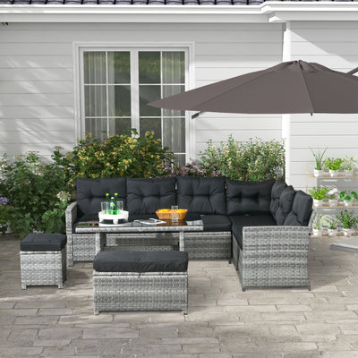 Outsunny 5-Piece Rattan Patio Furniture Set with Corner Sofa, Footstools, Glass Coffee Table, Cushions, Mixed Grey 