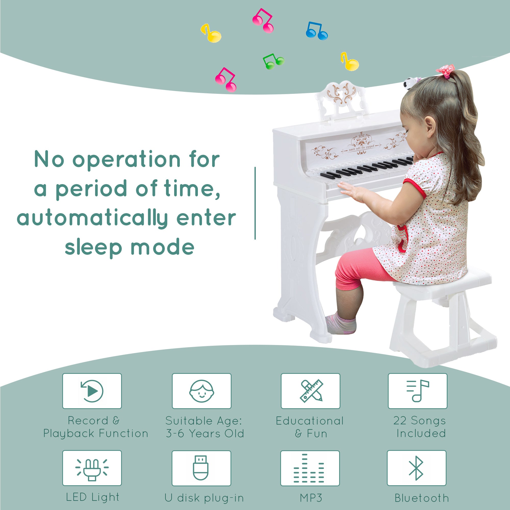 HOMCOM 37 Keys Kids Piano Mini Electronic Keyboard Light Kids Musical Instrument Educational Game Children Grand Piano Toy Set w/Stool & Microphone & Music Stand (White) 