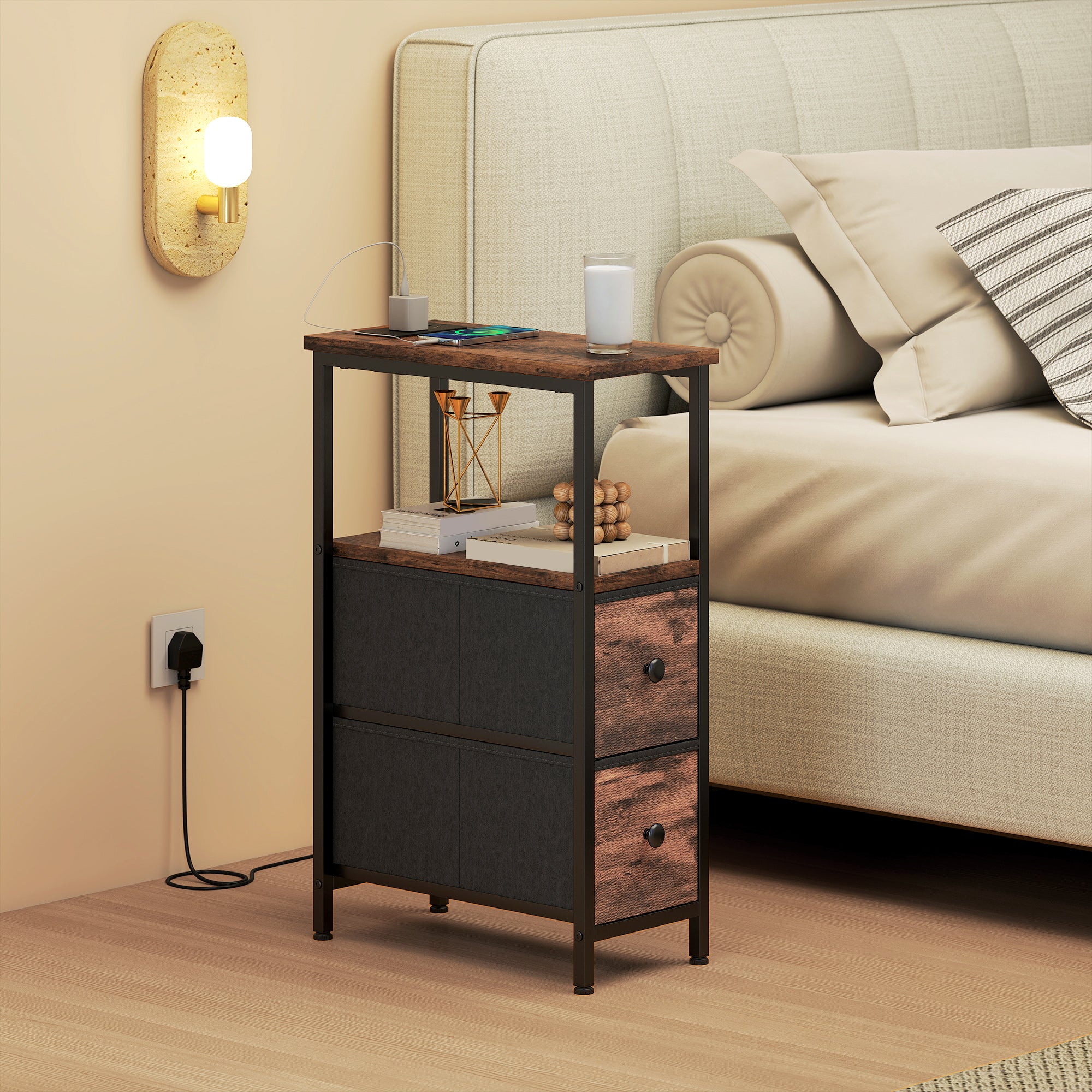 HOMCOM Side Table, Narrow Bedside Table with Charging Station, 2 Drawers, AC Outlet and 2 USB Ports for Living Room, Bedroom 