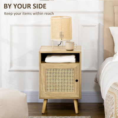 HOMCOM Bedside Table with Rattan Element, Side End Table with Shelf and Cupboard, 39cmx35cmx60cm, Set of 2, Natural 