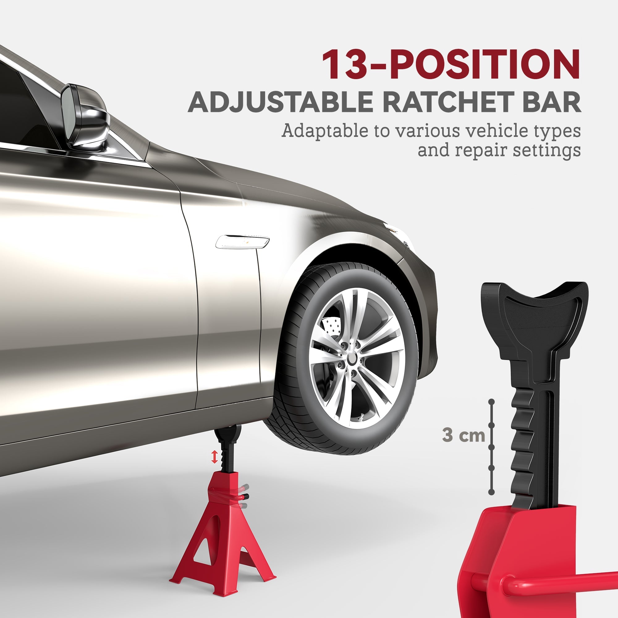 HOMCOM Axle Stands 3 Ton Car Jack Stands Pack of 2, 38.5-60 cm Height Adjustable Support Jack Stand, Heavy Duty Car Lift Tool for Vehicles, Caravans, Workshops, Garages, Red 
