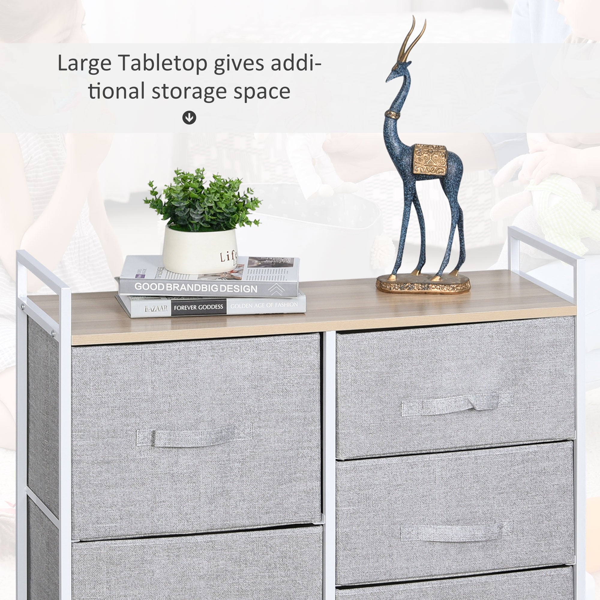 HOMCOM 5 Drawer Linen Basket Storage Unit Home Organisation w/ Shelf Handles Metal Frame Adjustable Feet Hallway Home Dresser Grey 