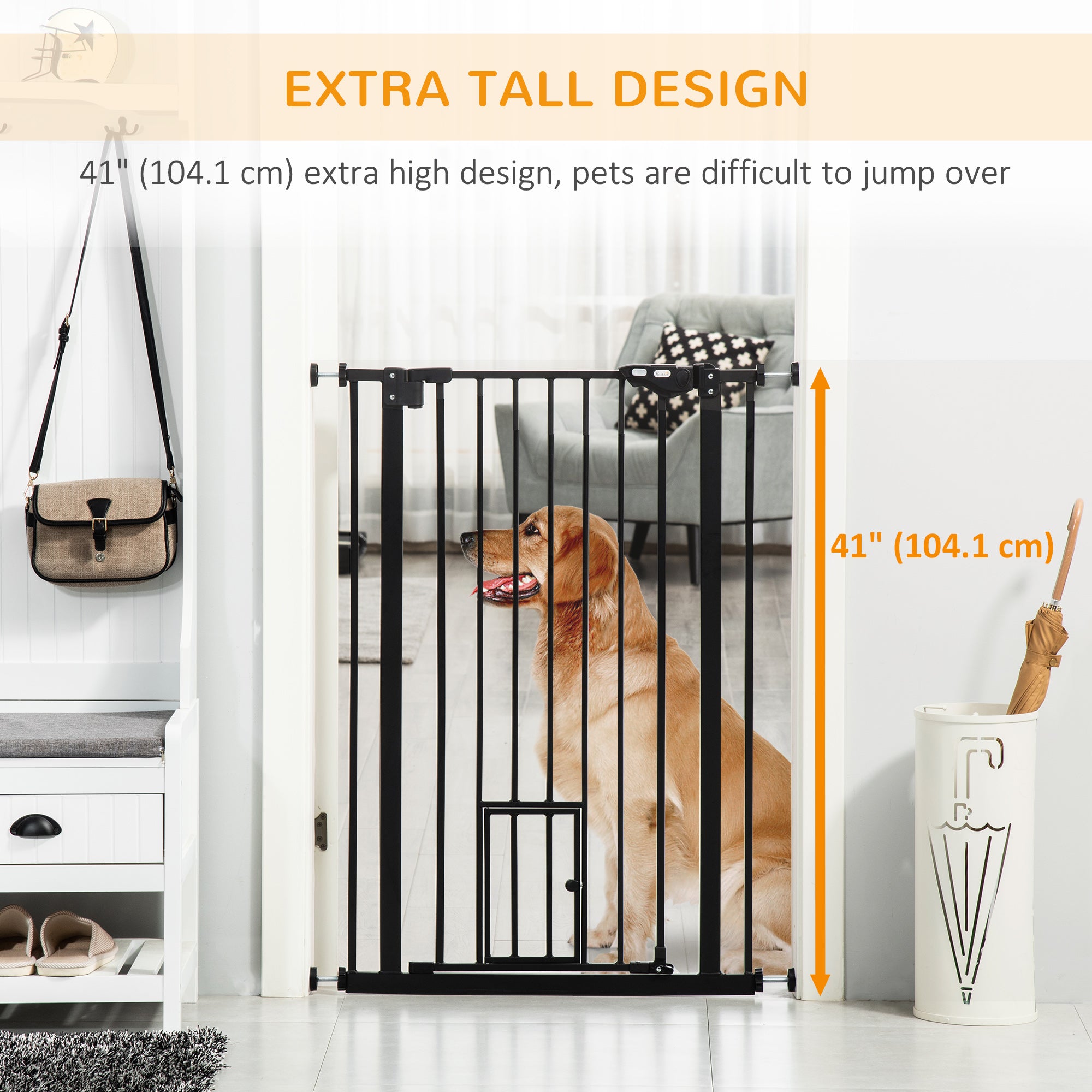 PawHut Extra Tall Pet Gate, Indoor Dog Safety Gate, with Cat Flap, Auto Close, 74-101cm Wide - Black 