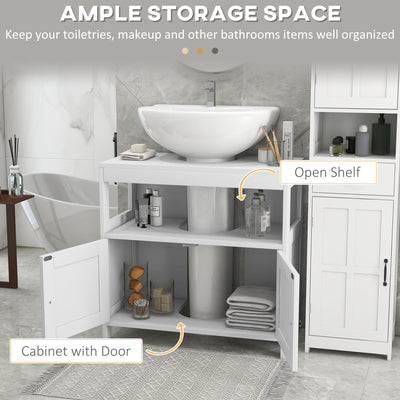 kleankin Pedestal Under Sink Cabinet with Double Doors, Modern Bathroom Vanity Storage Unit with Shelves, White 