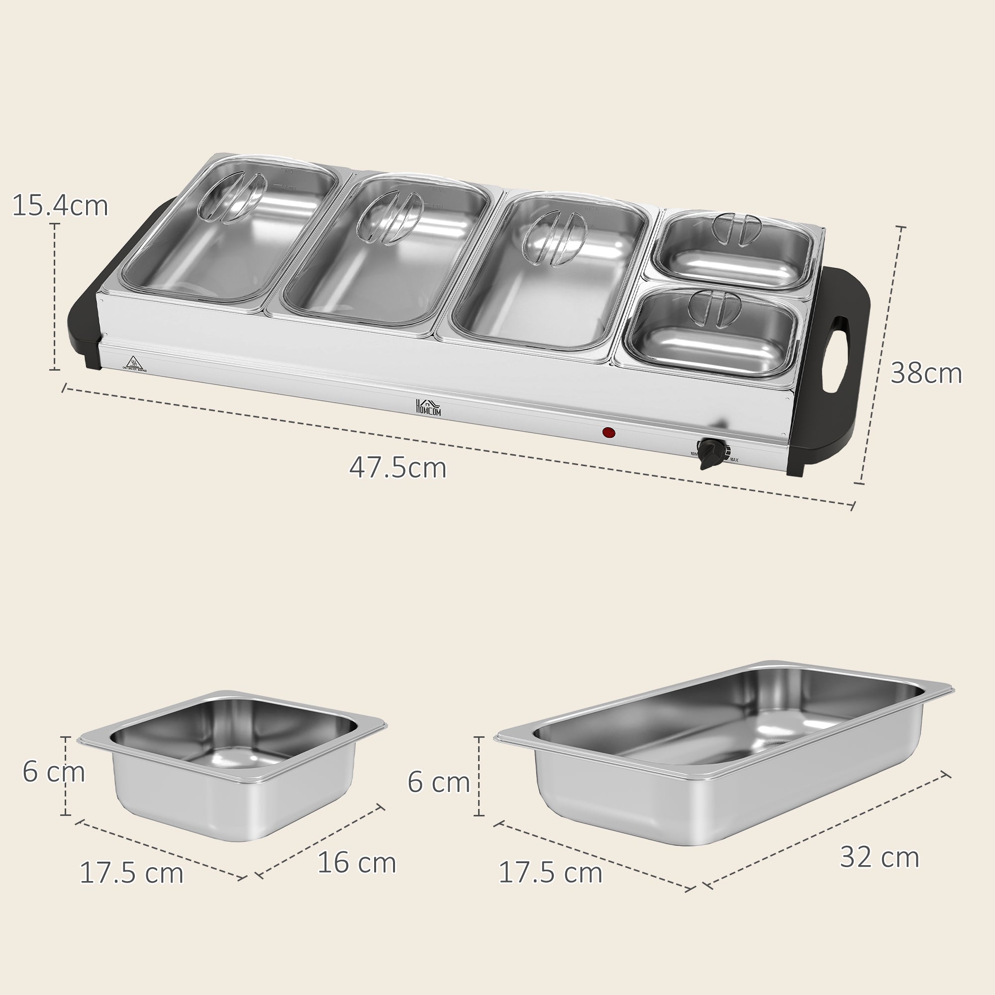 HOMCOM Electric Food Warmer 5 Tray, 9.2L Portable Buffet Server and Warming Tray with Lids, Adjustable Temperature Control and Cool Touch Handles, 450W, 3 x 2.4L and 2 x 1L, Silver Tone