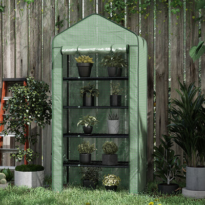 Outsunny 5 Tier Widened Mini Greenhouse with Reinforced PE Cover, Portable Indoor Outdoor Green House with Roll-up Door and Wire Shelves, 193H x 90W x 49Dcm, Green 