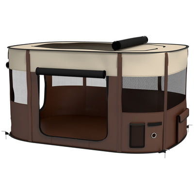 PawHut Foldable Dog Pen with Storage Bag for Indoor/Outdoor Use, Portable Pet playpen, with Ground Stakes - Brown 