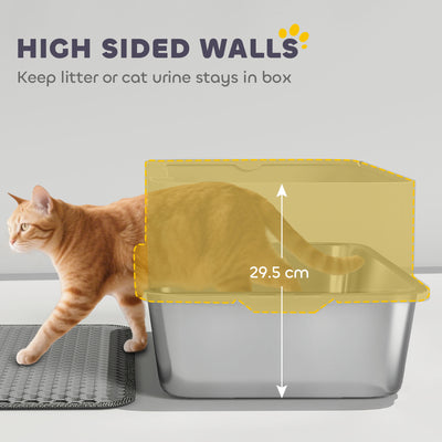 PawHut High Sided Stainless Steel Litter Box, Metal Cat Litter Tray with Metal Scoop, Litter Mat, Never Absorbs Odors, Grey 