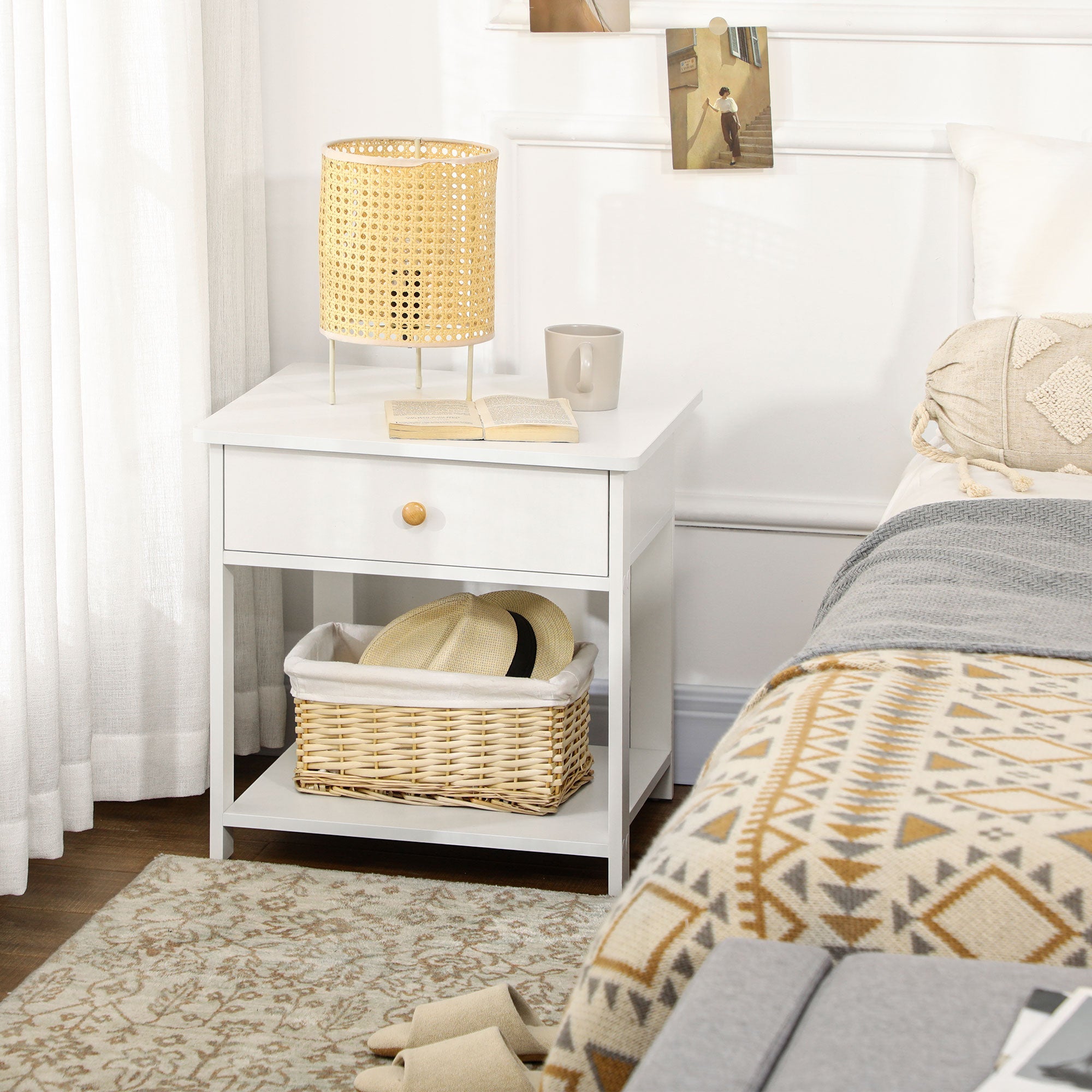 HOMCOM Bedside Table with Drawer and Bottom Shelf, Square Side End Table for Bedroom, Living Room, White 