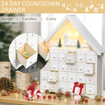 HOMCOM 24-Drawer Christmas Advent Calendar, Wooden Light-Up Traditional Decoration, Adults Kids Countdown Holiday House w/ Lights Handle White 