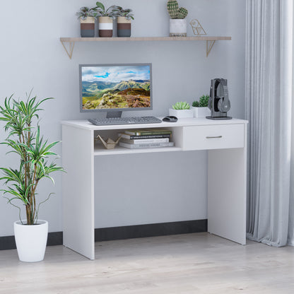 HOMCOM Compact Computer Desk, Study Table with Drawer and Storage Compartment, Writing Workstation, White 