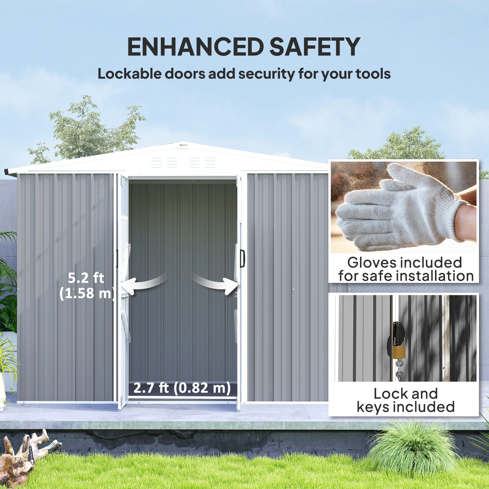 Outsunny 8 x 4 ft Metal Garden Shed, Garden Storage Shed with Window, 4 Vents and Lockable Door, Waterproof Galvanised Steel Tool Storage Shed, Light Grey 