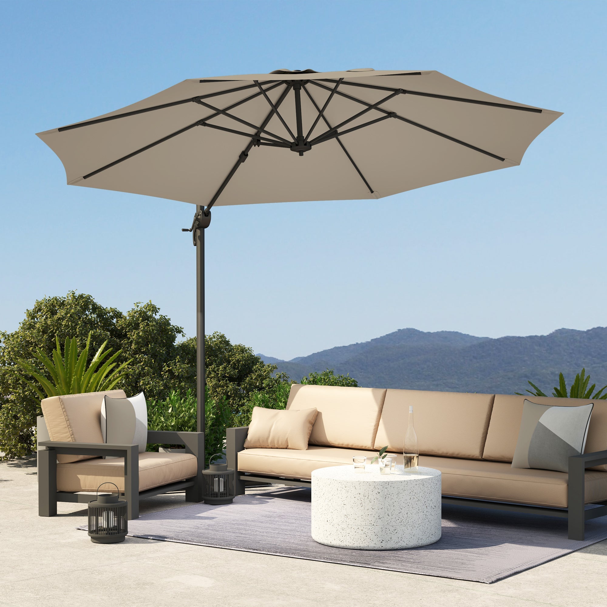 Outsunny 3 x 3(m) Cantilever Parasol with Cross Base, Garden Umbrella with 360° Rotation, Crank Handle and Tilt for Outdoor, Light Grey 