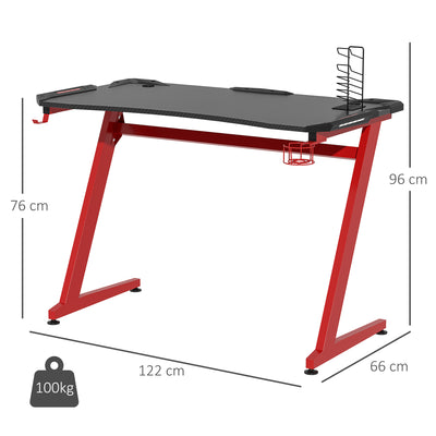 HOMCOM 122 x 66 cm Gaming Desk, Carbon Fibre Covered Computer Desk, Gamer Workstation with Headphone Hook, Cup Holder and Gamepad Storage Rack, Black and Red 