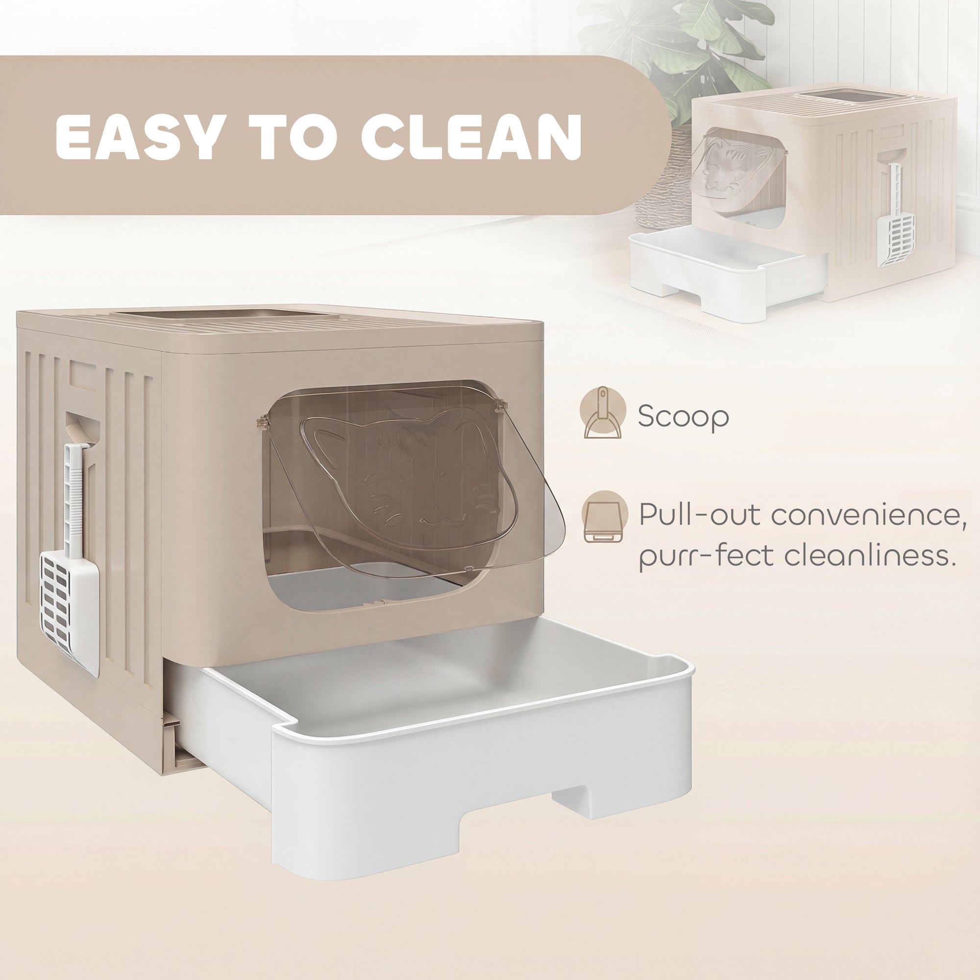 PawHut Cat Litter Box with Lid, Slide-Out Drawer, Scoop, Easy Clean, Odour Control, Anti-Splashing, Khaki 