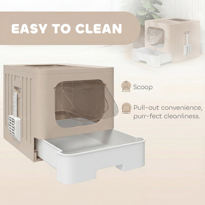 PawHut Cat Litter Box with Lid, Slide-Out Drawer, Scoop, Easy Clean, Odour Control, Anti-Splashing, Khaki 