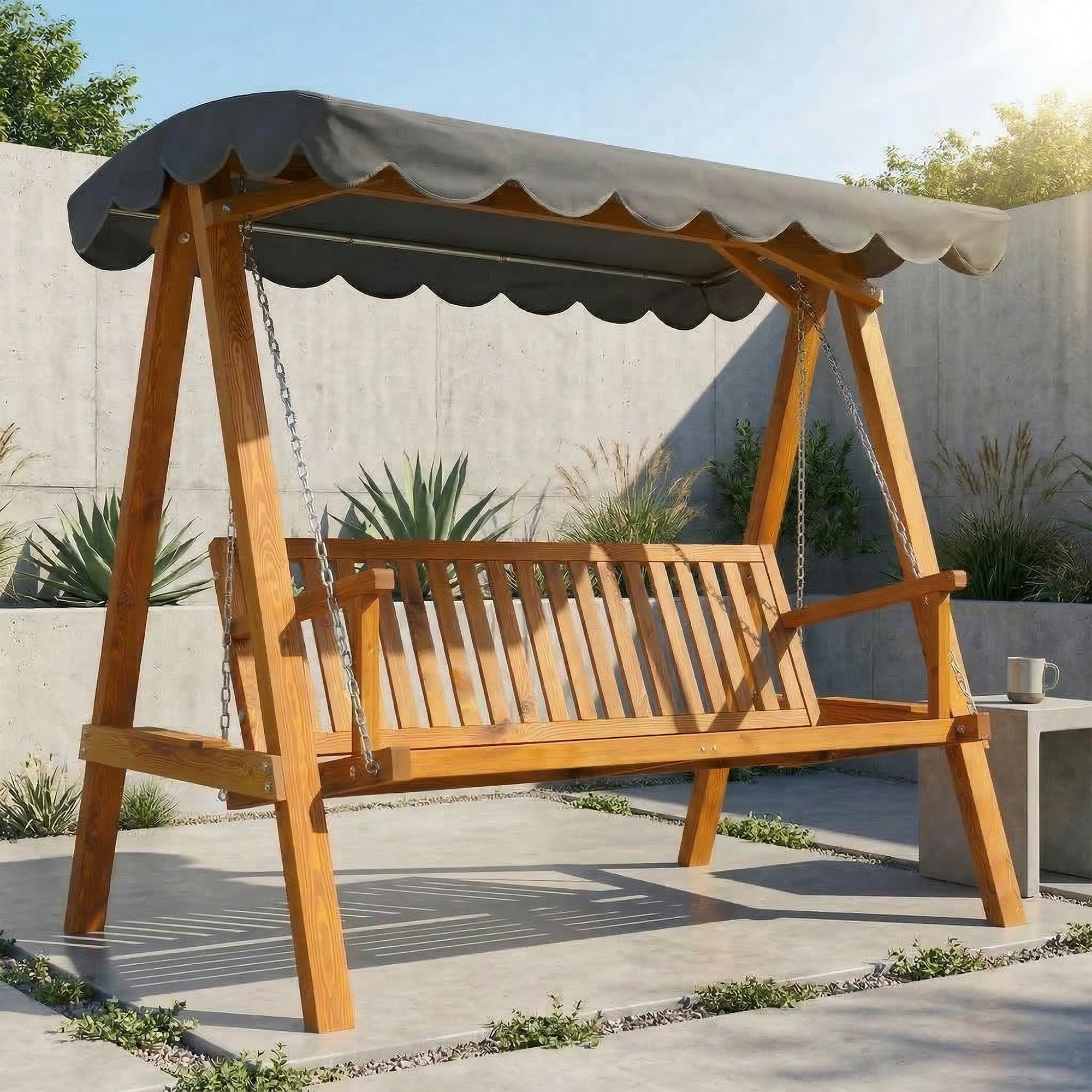 Outsunny 3 Seater Garden Swing Seat with Canopy, Wooden Swing Chair, Outdoor Hammock Bench for Balcony Patio Porch, Dark Grey 