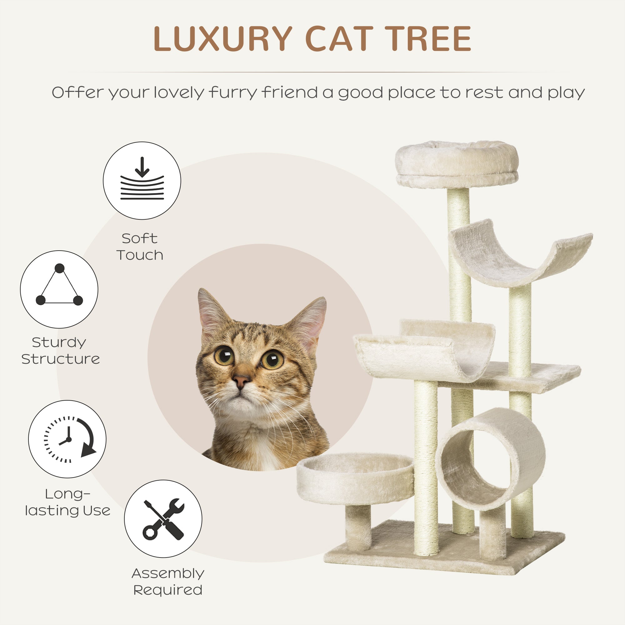PawHut Cat Tree for Indoor Cats Kitten Pet Scratching Post Perch Activity Center Scratcher Climb Post Play House Arch with Tunnel 105cm Tall Beige 