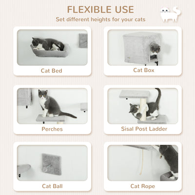 PawHut 6-Piece Cat Wall Shelves Set with Condo, Cat Wall Furniture with Platforms, Sisal Scratching Post, Bed, Toy Ball, Grey 