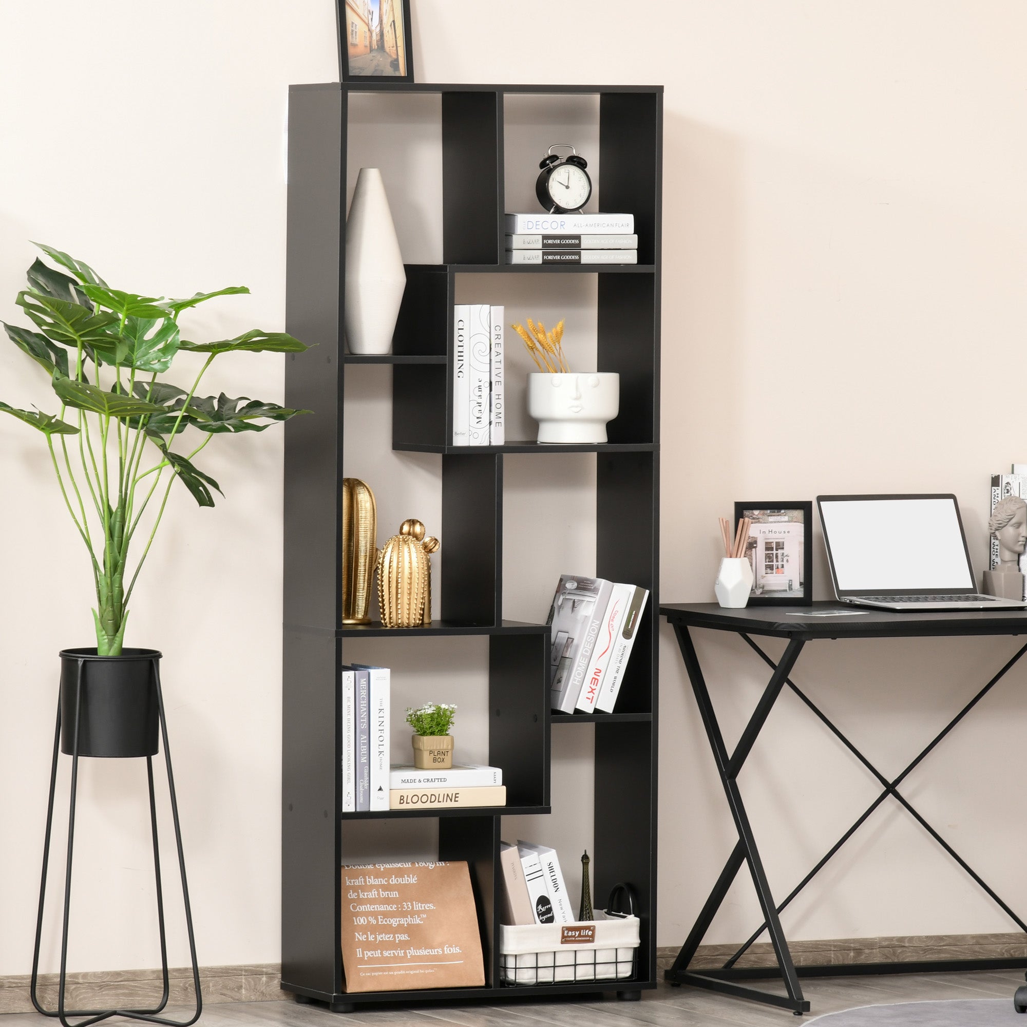 HOMCOM 8-Tier Freestanding Bookcase w/ Melamine Surface Anti-Tipping Foot Pads Home Display Storage Grid Stand Bedroom Living Room Furniture Modern Style - Black 