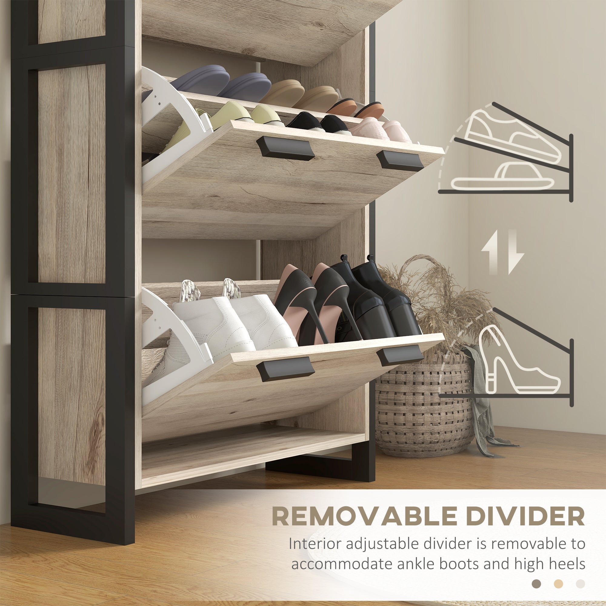 HOMCOM Shoe Storage Cabinet with 3 Flip Drawers Adjustable Shelf 18 Pairs Narrow Shoe Cupboard for Entryway Natural Wood-effect 