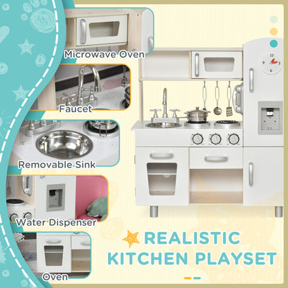 HOMCOM Kids Wooden Pretend Play Toy Kitchen Cooking Set Role Play Phone for Boys Girls White 
