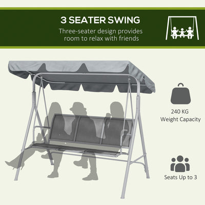 Outsunny Metal Garden Swing Chair, 3-Seater Swing Seat, Patio Hammock Bench Canopy Lounger, Light Grey 