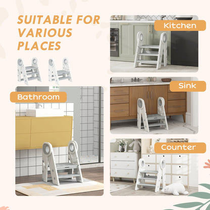 AIYAPLAY Foldable and Adjustable Toddler Tower with Handle, Non-Slip, Grey 