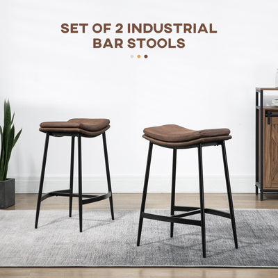 HOMCOM Breakfast Bar Stools Set of 2, Microfibre Upholstered Barstools, Industrial Bar Chairs with Curved Seat and Steel Frame for Dining Room, Kitchen, Brown 