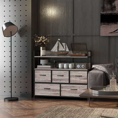 HOMCOM Rustic Chest of Five Fabric Drawers - Grey Wood Effect 