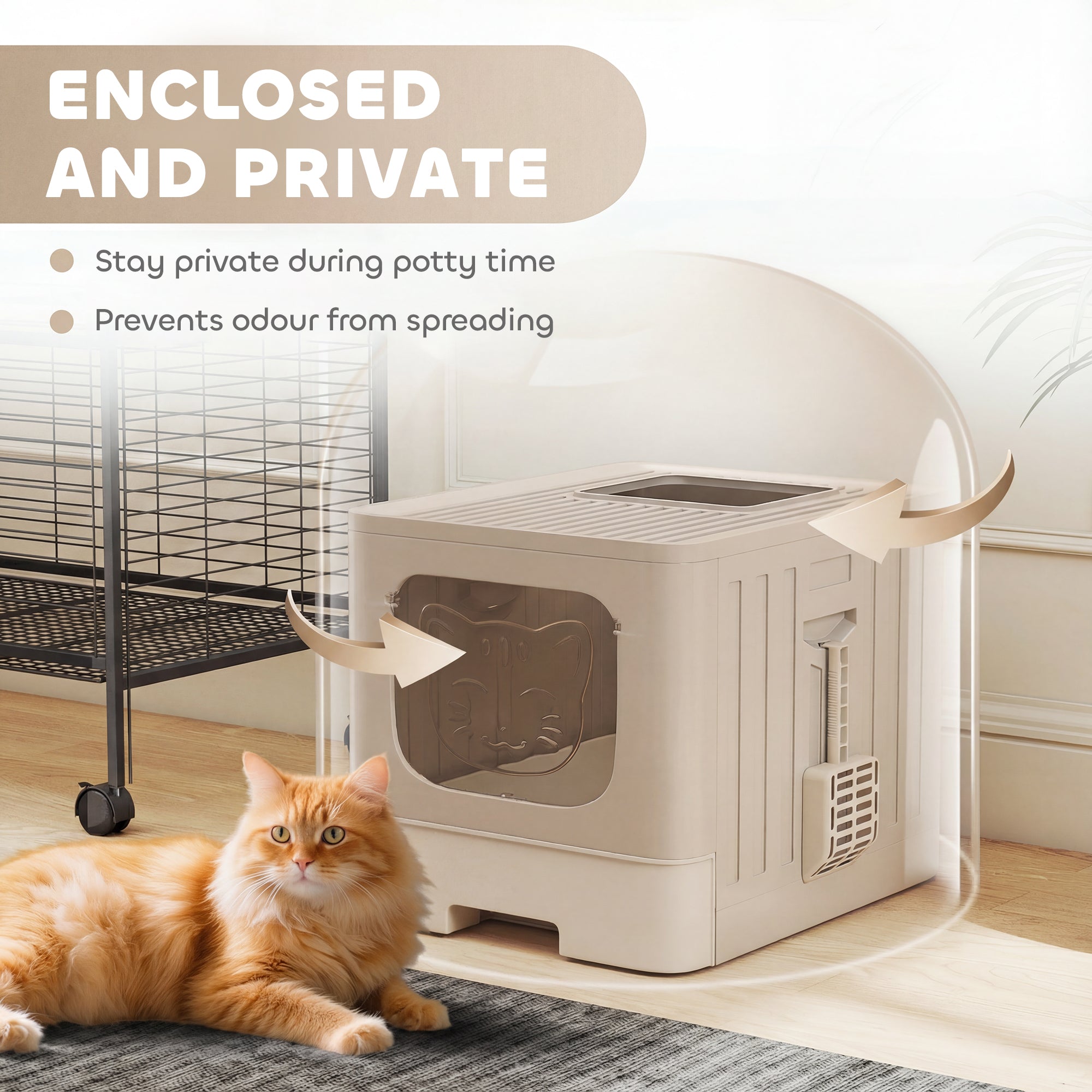 PawHut Cat Litter Box with Lid, Slide-Out Drawer, Scoop, Easy Clean, Odour Control, Anti-Splashing, Khaki 