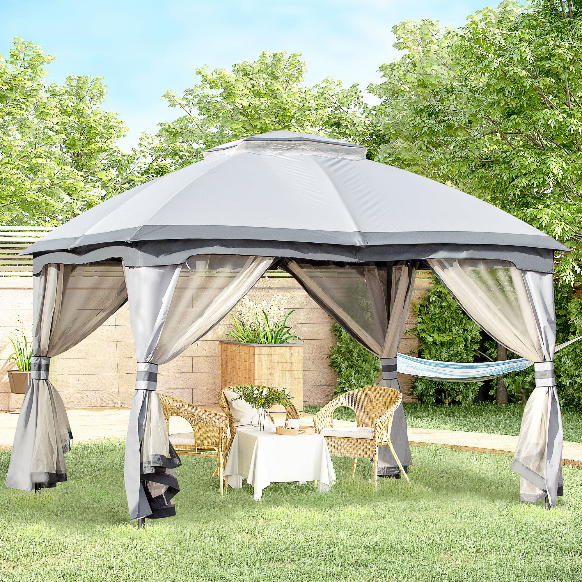 Outsunny 3.7 x 3(m) Metal Gazebo Canopy Party Tent Garden Patio Shelter with Netting Sidewalls & Double Tiered Roof, Grey 