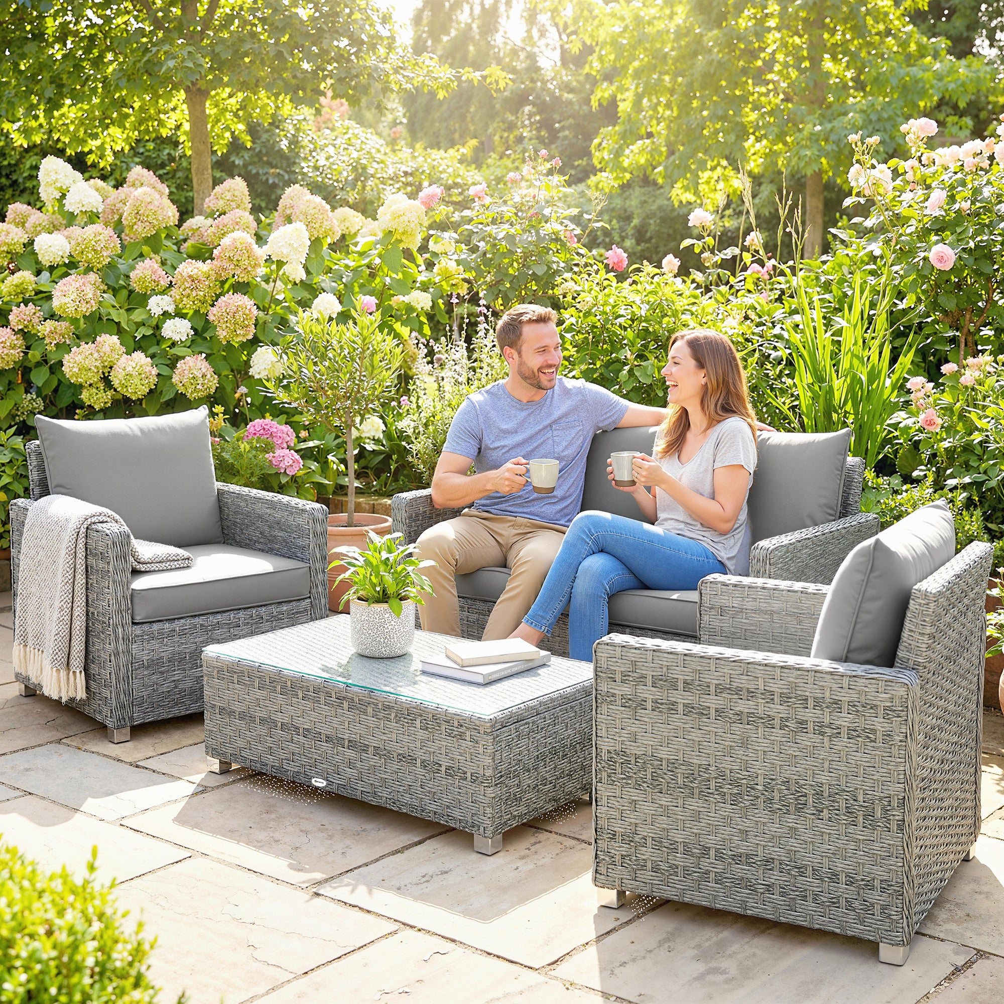 Outsunny 4 Piece Rattan Garden Furniture Set with Loveseat, 2 Armchairs, Glass-Top Table, Wicker Patio Conversation Set, Grey 