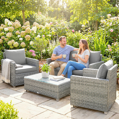 Outsunny 4 Piece Rattan Garden Furniture Set with Loveseat, 2 Armchairs, Glass-Top Table, Wicker Patio Conversation Set, Grey 