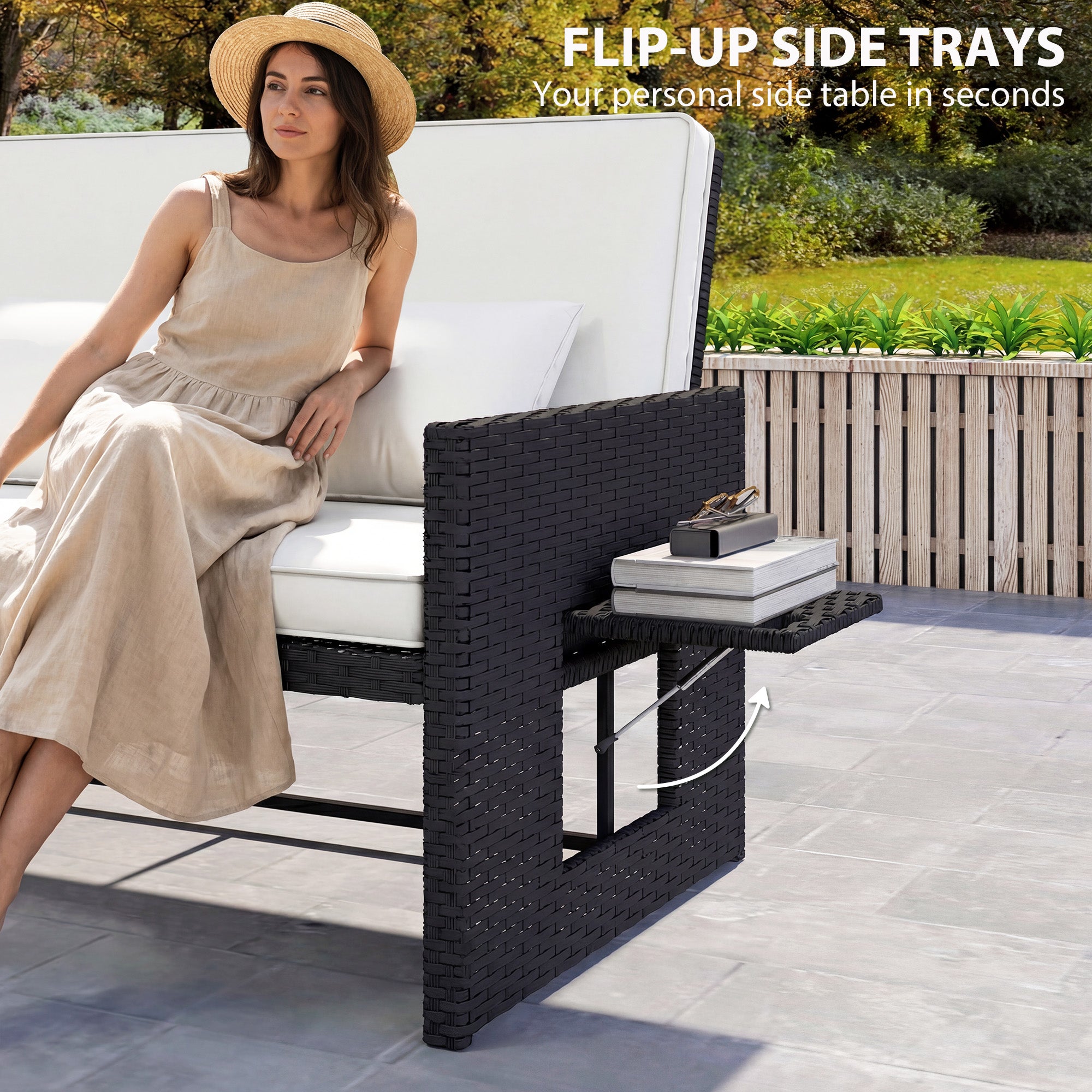 Outsunny Rattan Garden Daybed, Double Sun Lounger with 5-Level Adjustable Back, Storage Ottoman, Cream White 