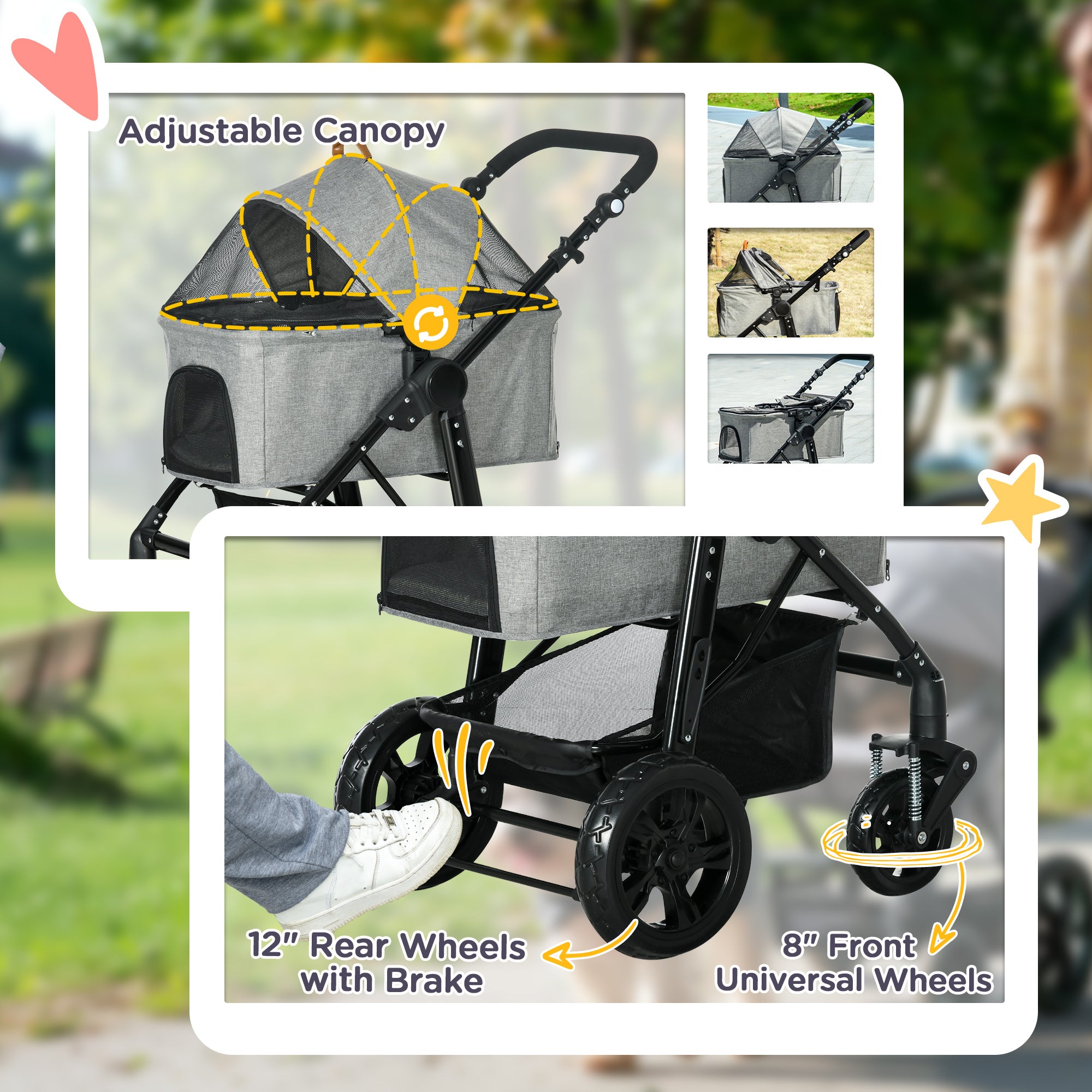 PawHut Dog Pram Pet Stroller for Small Dogs Cats, Foldable Dog Pushchair Trolley with Detachable Pet Carrier Bag, Shock Absorber, Adjustable Handlebar, Grey 