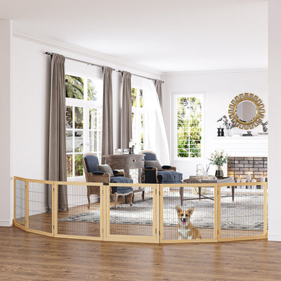 PawHut Wooden Pet Gate, Freestanding Dog Safety Barrier with Two Support Feet - Natural Tone 