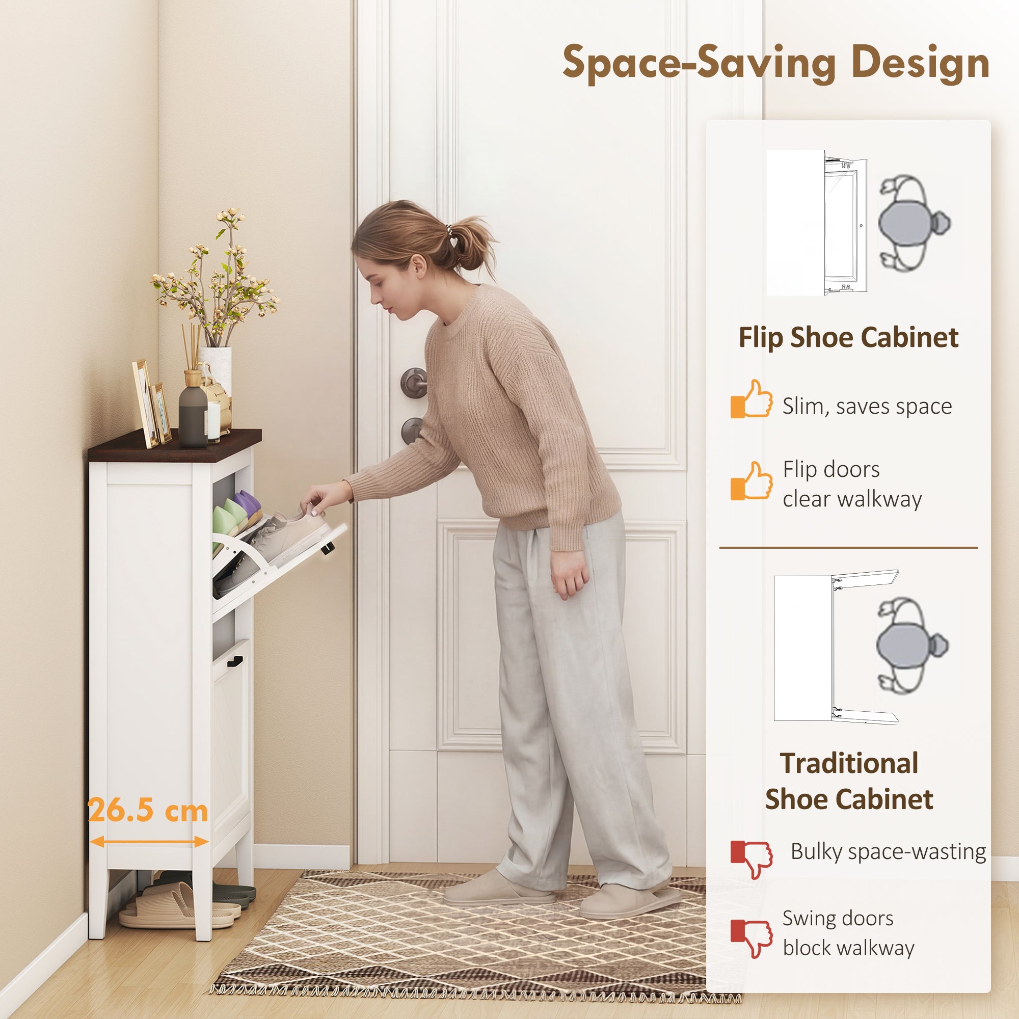 HOMCOM Shoe Cabinet with 2 Flip Drawers, Farmhouse Narrow Shoe Storage Cabinet with Adjustable Shelves, White 