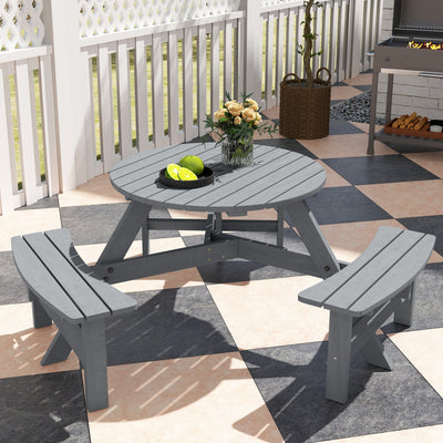 Outsunny 6 Seater Wooden Picnic Table and Garden Benches Set, Round Garden Dining Set with 3 Benches and Umbrella Hole Outdoor Garden Park, Grey 