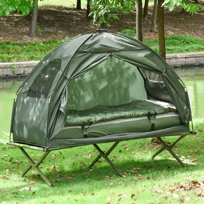 Outsunny 1 person Foldable Camping Tent w/Sleeping Bag Air Mattress Outdoor Hiking Picnic Bed cot w/Foot Pump 
