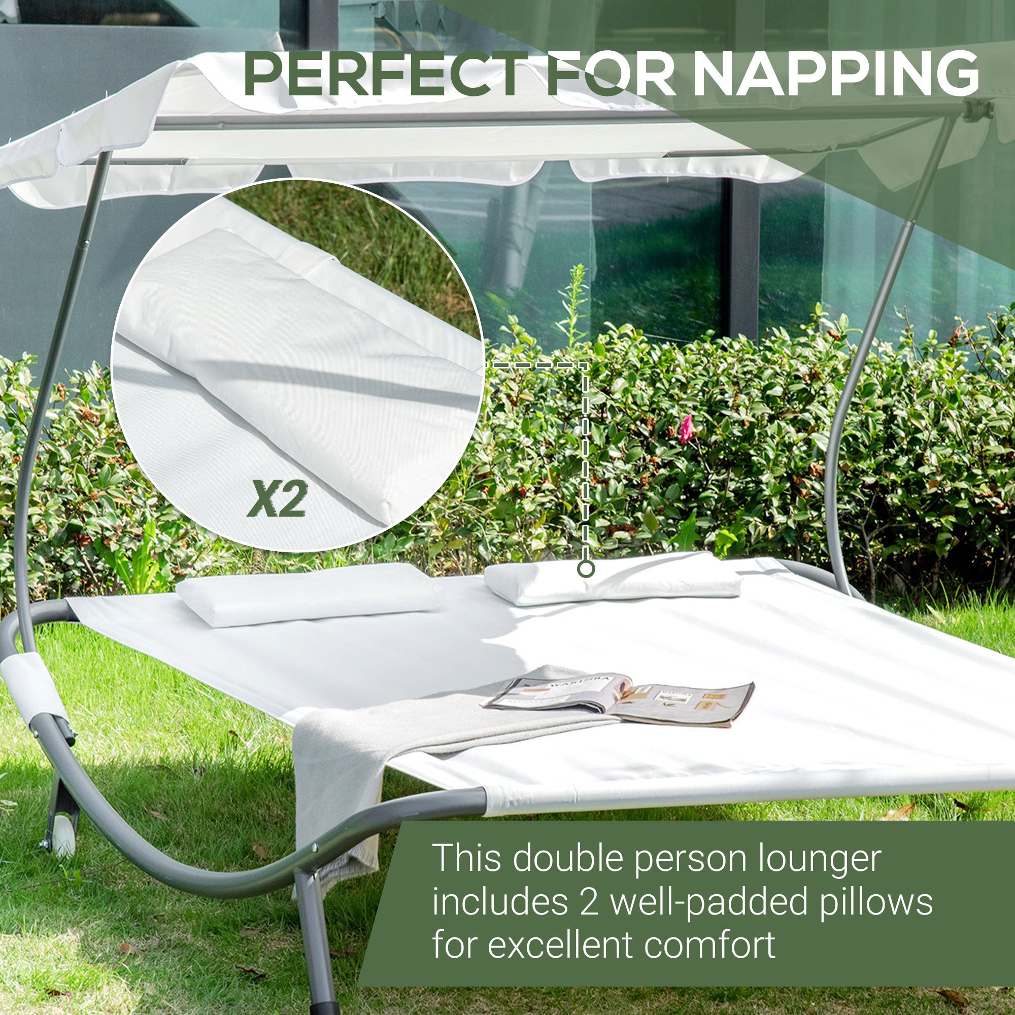 Outsunny Double Hammock Sun Lounger Bed with Canopy Shelter, Wheels & 2 Pillows, White 