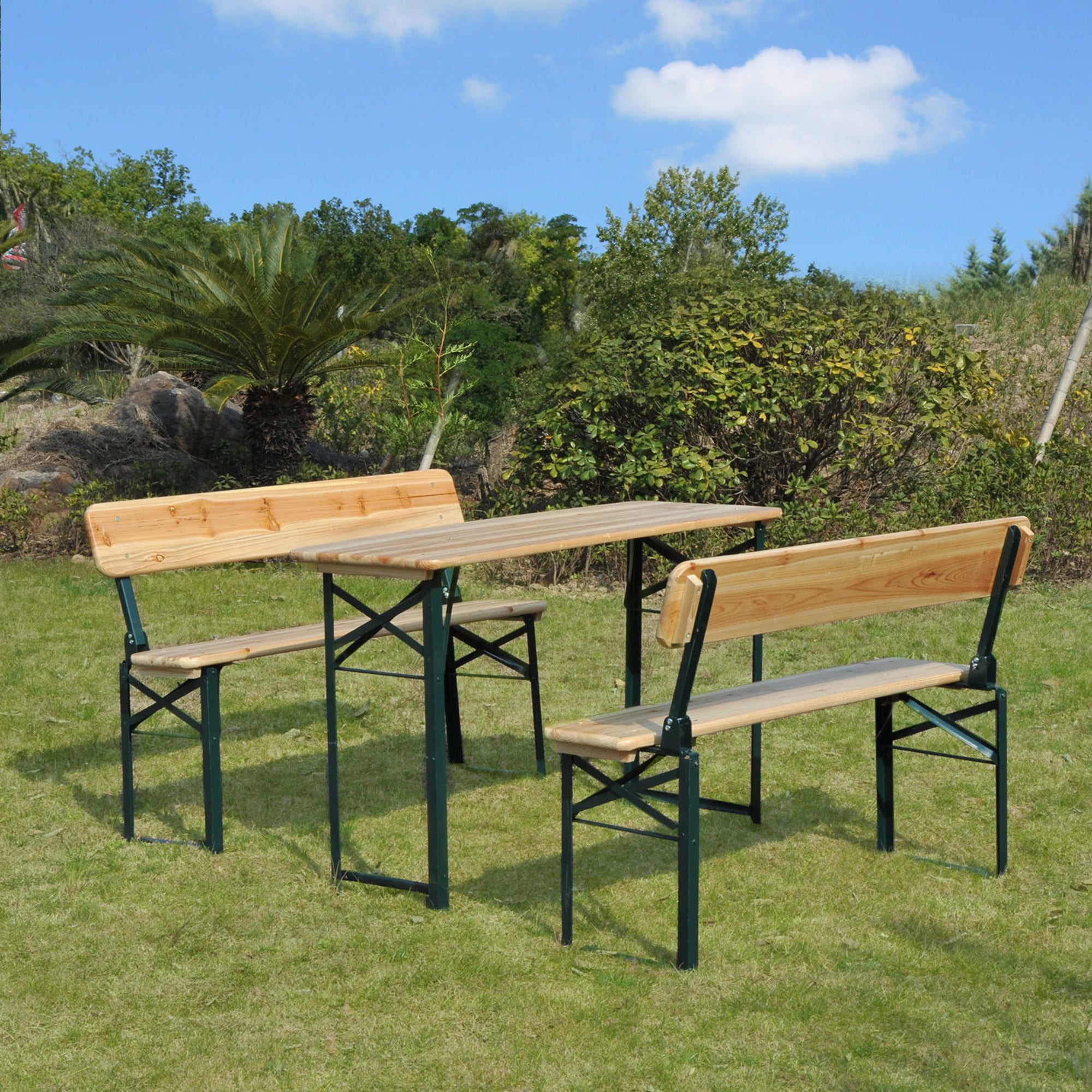 Outsunny Portable Folding Camping Picnic Trestle Beer Table and 2 Bench Set Wooden Garden Furniture Patio Dining Party BBQ Chairs Stools 
