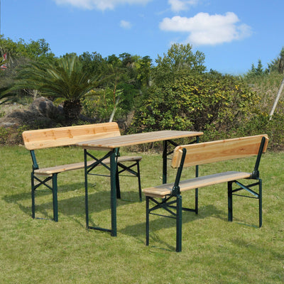 Outsunny Portable Folding Camping Picnic Trestle Beer Table and 2 Bench Set Wooden Garden Furniture Patio Dining Party BBQ Chairs Stools 