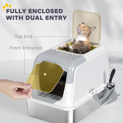 PawHut Extra Large Stainless Steel Litter Box, Enclosed Cat Litter Tray with Scoop, Deodorizer Bag, Front-Entry and Top-Exit 