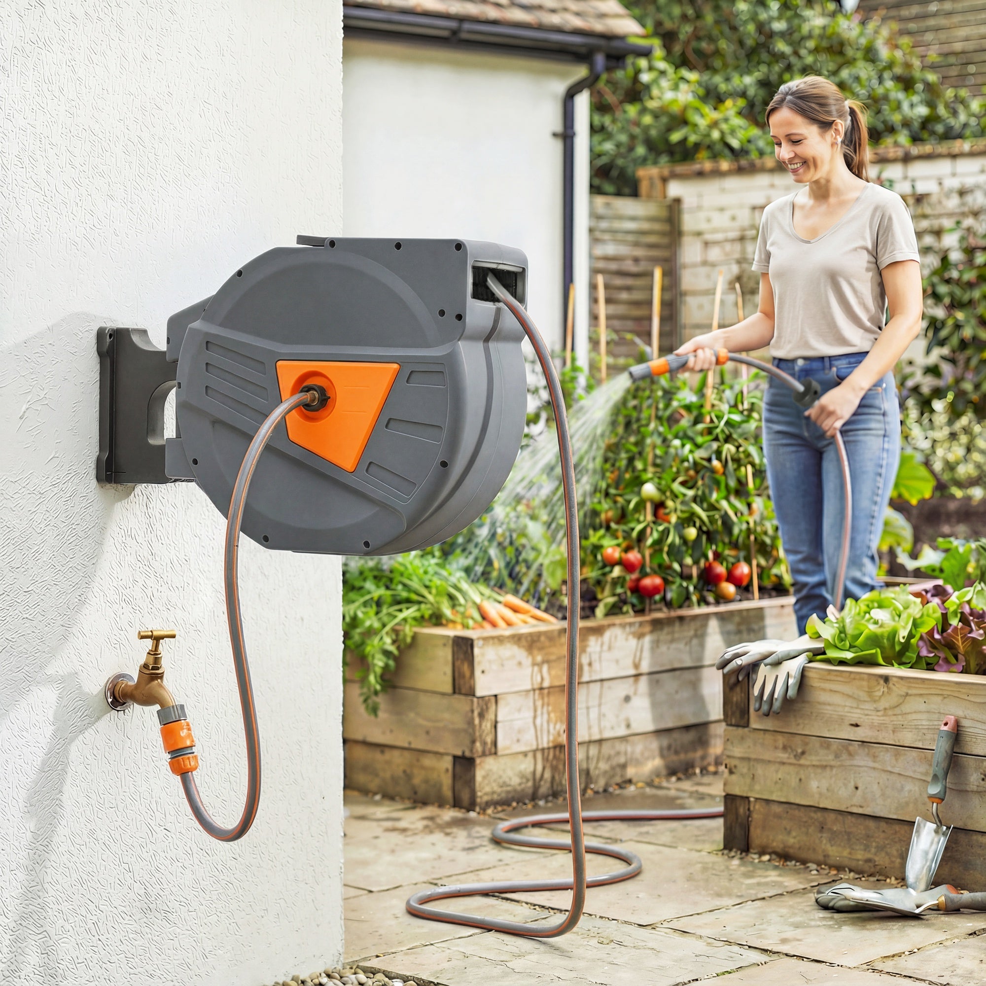 Outsunny Retractable Hose Reel Wall Mounted, 40+2m Garden Hose Pipe Reel with Auto Retraction, Self-Locking, Orange 