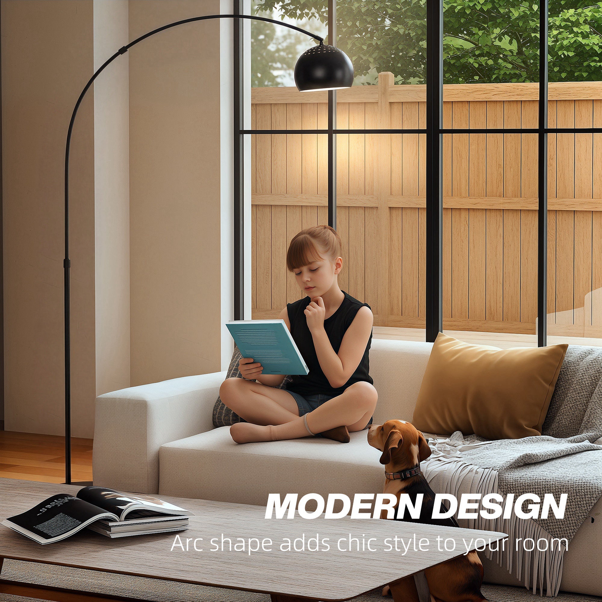 HOMCOM Arc Floor Lamp for Living Room, Modern Adjustable Standing Lamp with Faux Black Marble Base Black 