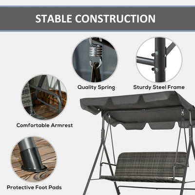 Outsunny 3-Seater Outdoor PE Rattan Swing Chair, Patio Wicker Hanging Swing Bench with Steel Frame Stand & Adjustable Canopy, Grey 